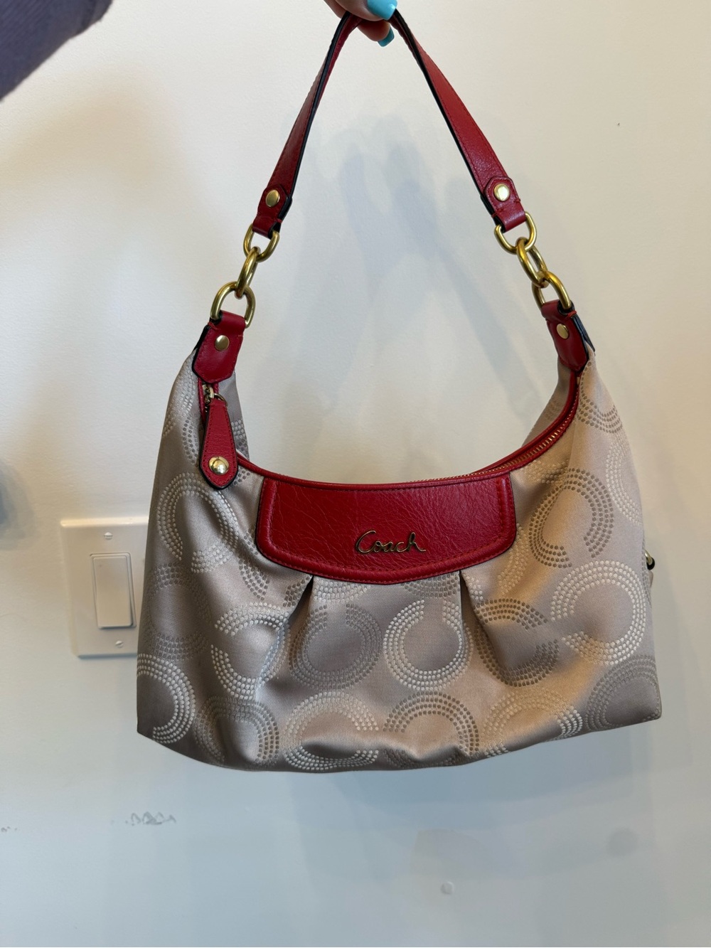 Coach Beige Signature Hobo with Red Leather Trim